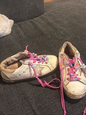 Golden Goose Kids White Leather Sneakers with Pink Beaded Laces